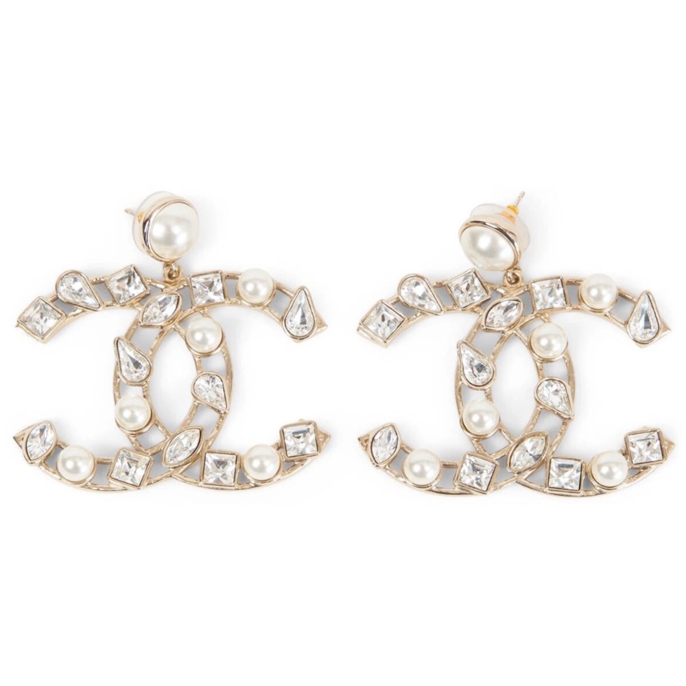 ISO AUTHENTIC CHANEL Gold and Pearl Crystal Earrings XL SIZE (Read Description)